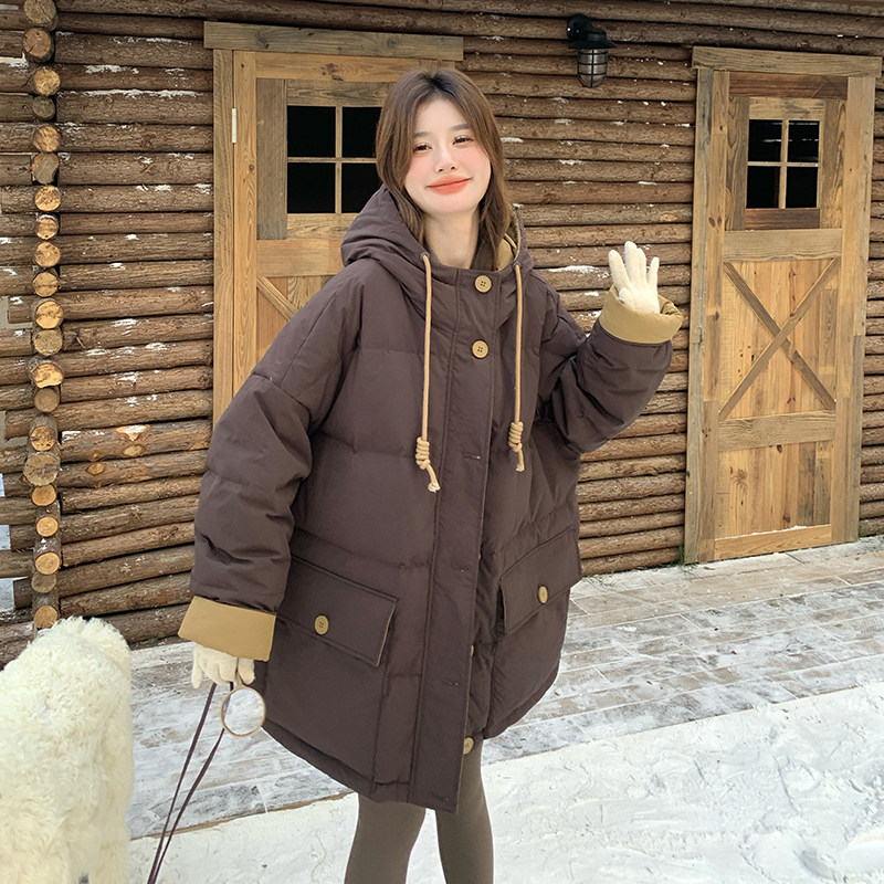 韩版学院风连帽撞色羽绒服女2025冬季新款显瘦加厚保暖白鸭绒外套,女装羽绒服,浙宝099