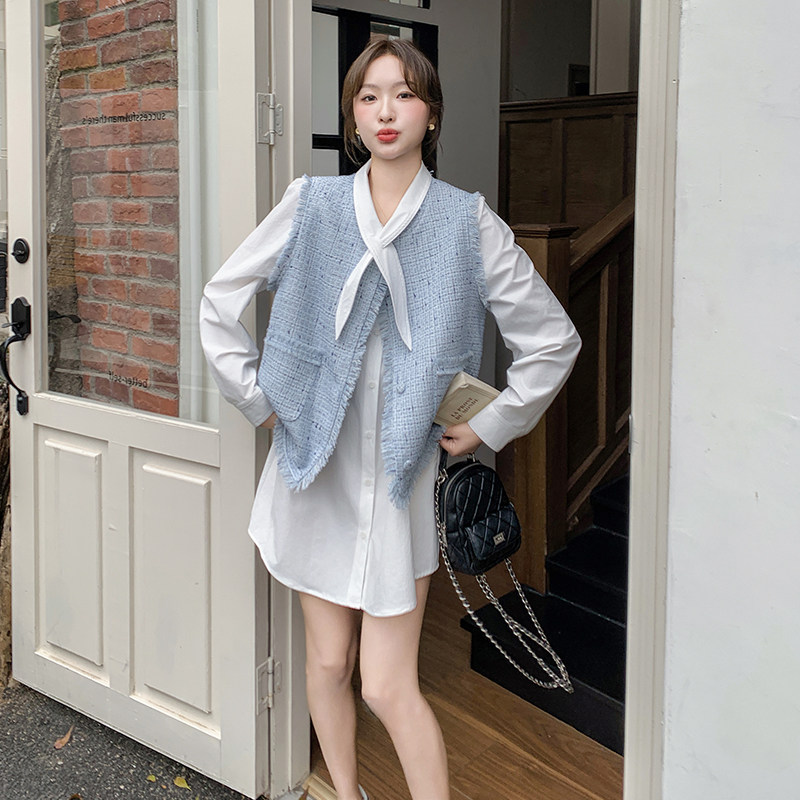 蓝色小香风马甲套装女2025春季新款洋气减龄显瘦气质衬衫裙两件套,女装套装/套裙,浙宝099
