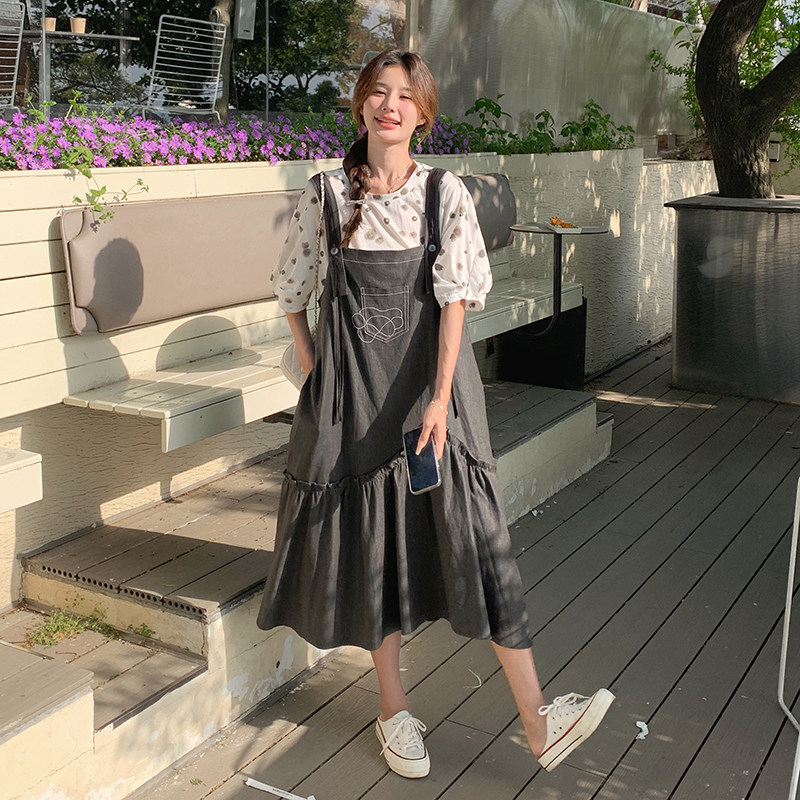 减龄学院风黑色背带裙套装女夏季2025新款慵懒休闲波点小衫两件套,女装套装/套裙,浙宝099