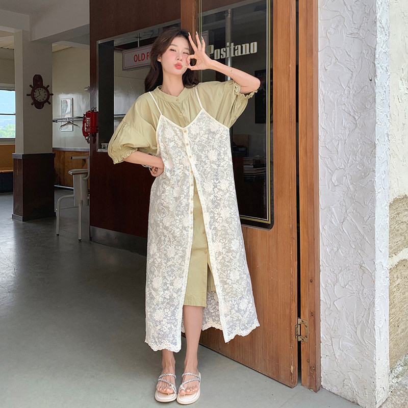 夏季连衣裙女2025新款森系泡泡袖休闲温柔风叠穿蕾丝吊带裙,女装连衣裙,浙宝099