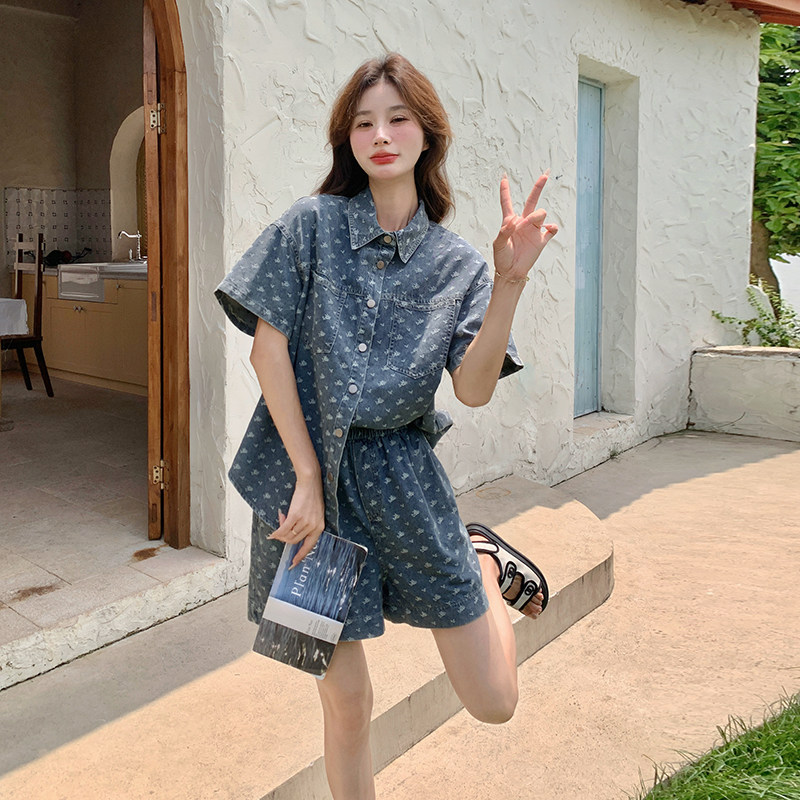 蓝色复古印花牛仔套装女夏装2024新款韩版薄款短袖衬衫短裤两件套,女装套装/套裙,浙宝099