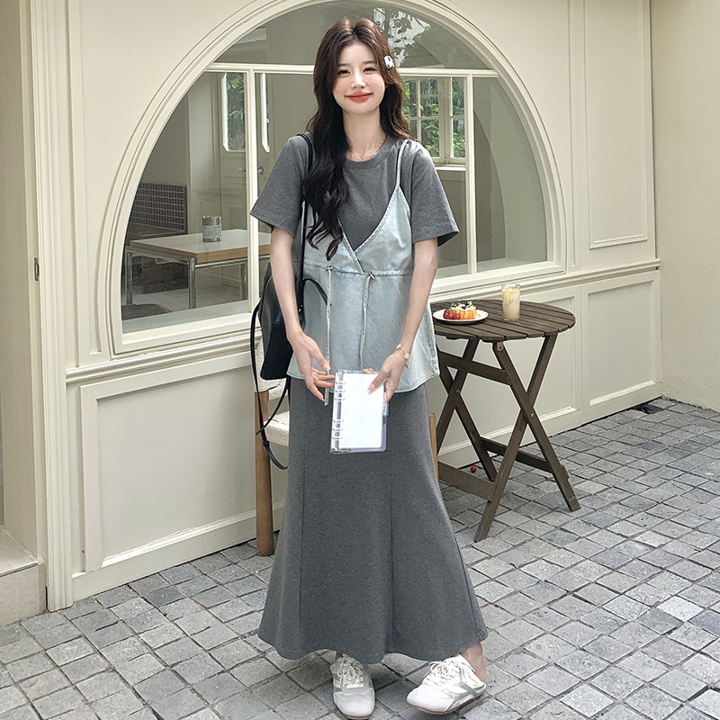 新款牛仔假两件加半裙连衣裙套装099-10157-P165-K238,女装连衣裙,浙宝099