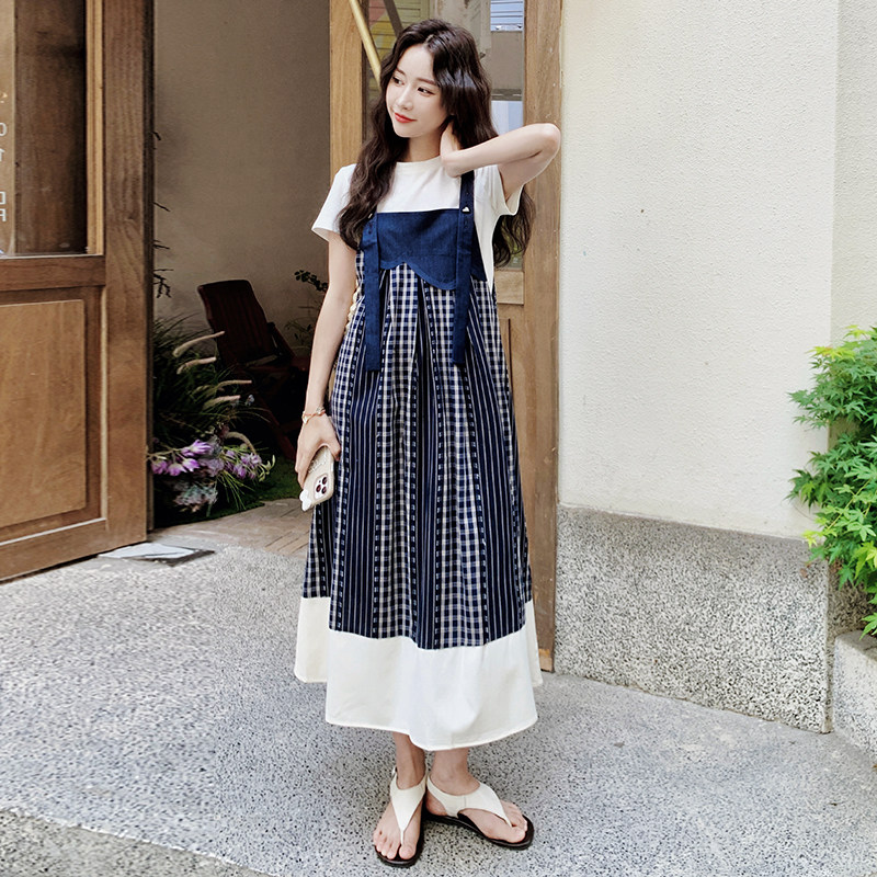 设计感小众拼接格子背带裙女2025夏新款复古百搭小个子吊带连衣裙,女装连衣裙,浙宝099