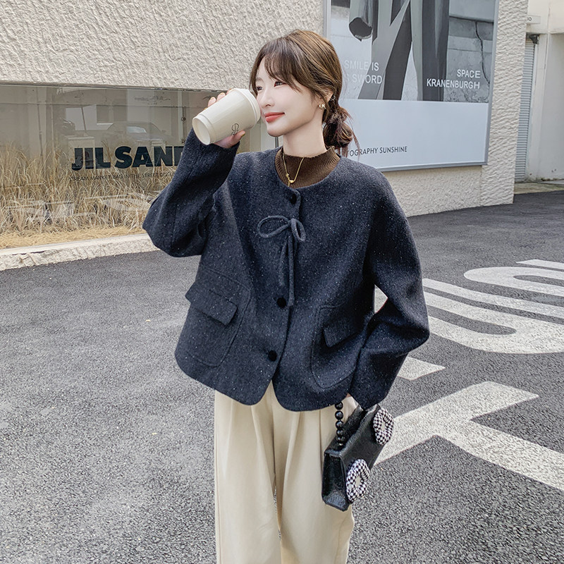 深灰色短款无领毛呢外套女秋冬2025超火好看高级小众加厚夹克上衣,女装毛呢外套,浙宝099