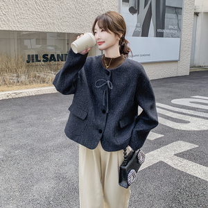 深灰色短款无领毛呢外套女秋冬2025超火好看高级小众加厚夹克上衣图片