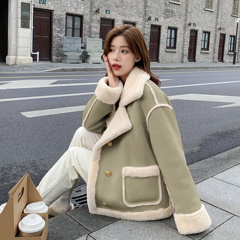 绿色皮毛一体羊羔毛棉服外套女秋冬2024新款小个子麂皮绒加绒棉衣,女装棉衣/棉服,浙宝099