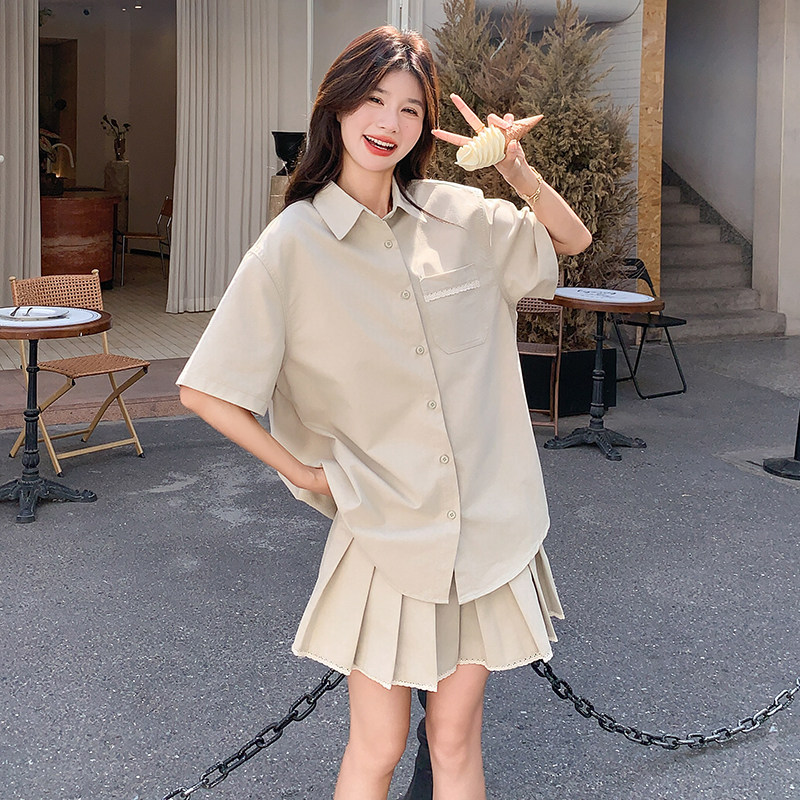 设计感小众时尚卡其色衬衫套装女夏新款小个子轻薄百褶裙两件套,女装套装/套裙,浙宝099