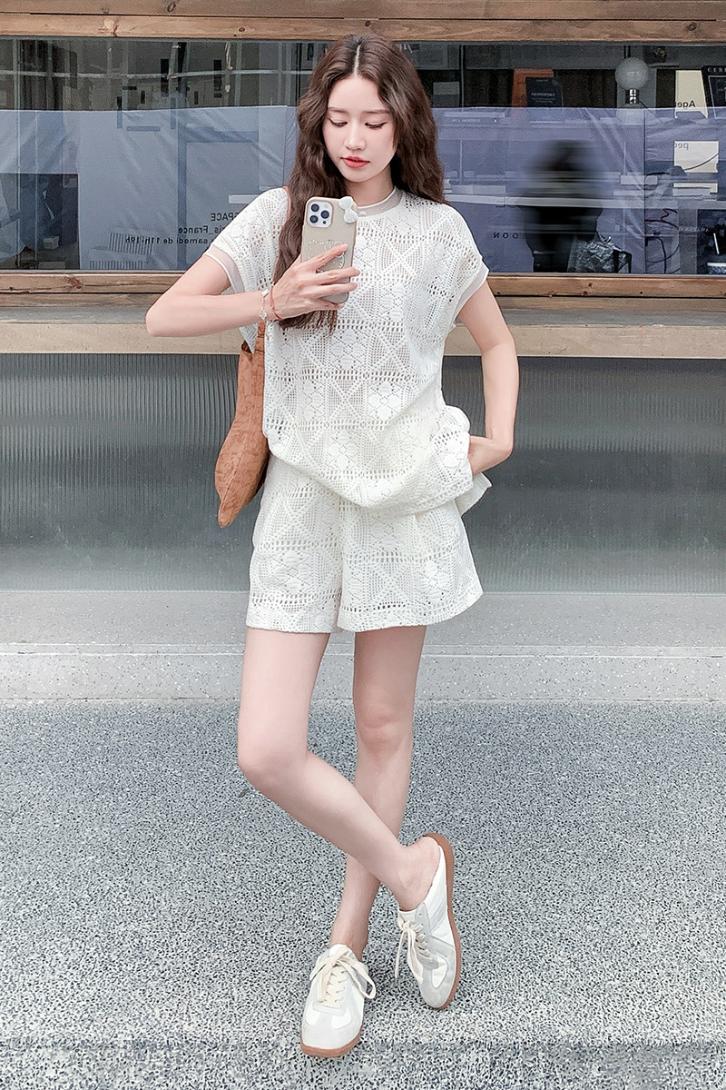 小香风蕾丝T恤短裤套装女夏2025新款流行两件套超火氛围感爆款,女装套装/套裙,浙宝099