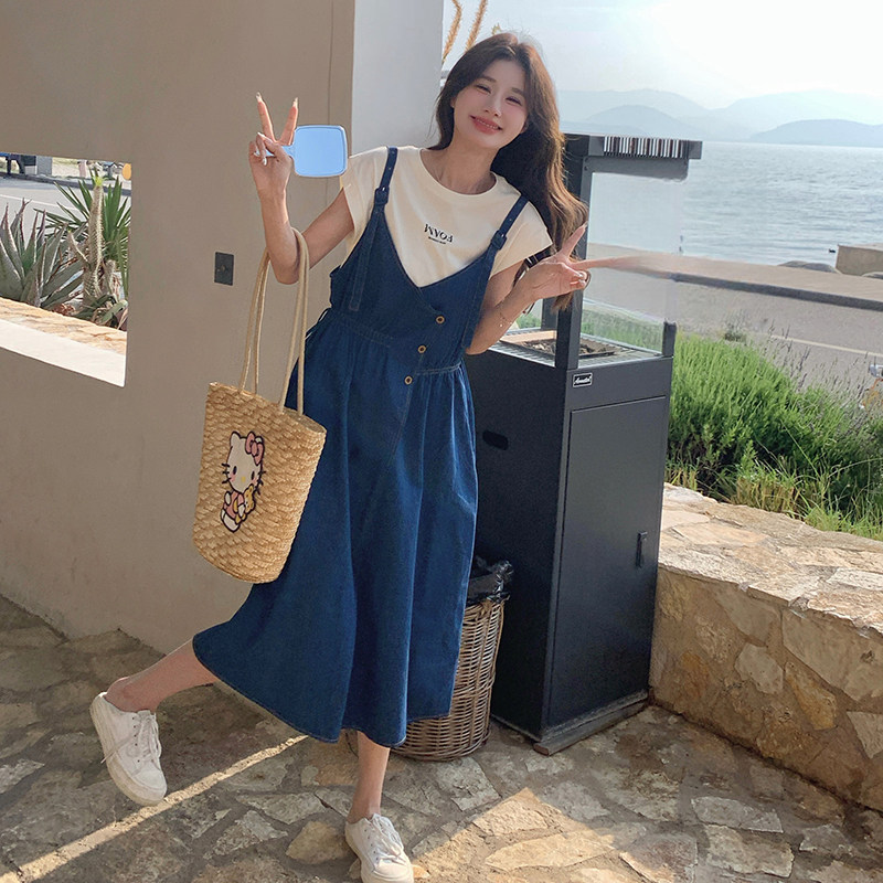小个子蓝色牛仔背带裙女2025夏季新款日系减龄收腰显瘦吊带连衣裙,女装连衣裙,浙宝099