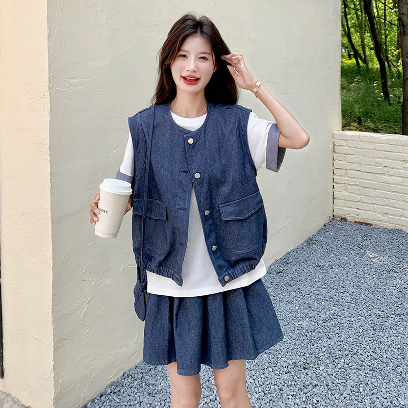 学院风小个子休闲三件套女2025夏季新款甜酷风牛仔马甲T恤半身裙,女装套装/套裙,浙宝099