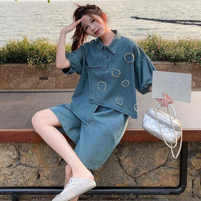 港风复古不规则设计感衬衫套装夏女2024新款工装风宽松短裤两件套,女装套装/套裙,浙宝099