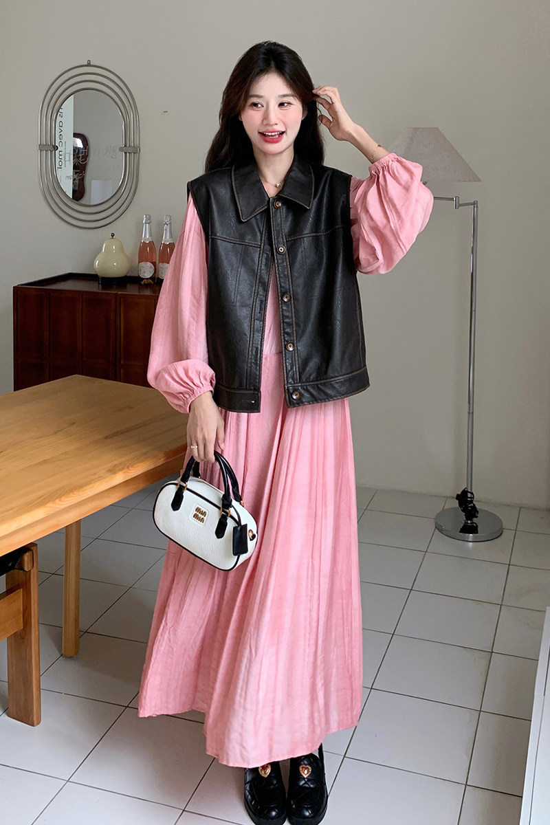 盐甜系穿搭pu皮马甲配粉色连衣裙女2025早春新款显瘦长裙两件套装,女装连衣裙,浙宝099