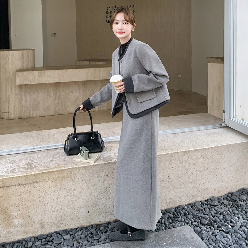 灰色小香风毛呢裙女秋冬2024新款加厚高级感显瘦半身裙,女装毛呢外套,浙宝099