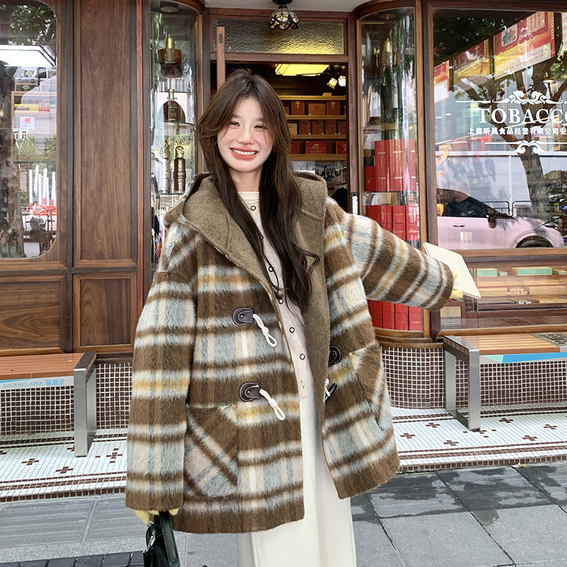 咖色格子双面羊绒大衣女2024新款冬装韩版80羊毛小个子毛呢外套潮,女装毛呢外套,浙宝099