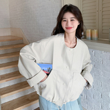 设计感下摆抽绳棒球服皮衣外套女2025年春季新款宽松休闲机车夹克，女装短外套，浙宝099