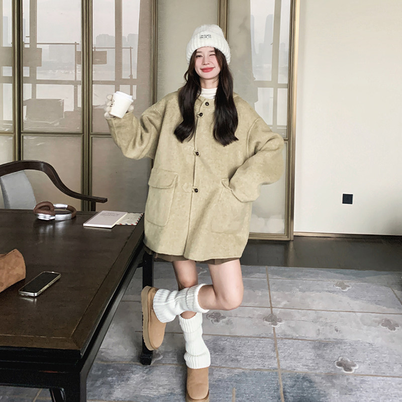 咖色连帽羊毛双面呢外套女秋冬2025新款巨好看流行漂亮高级感大衣,女装毛呢外套,浙宝099