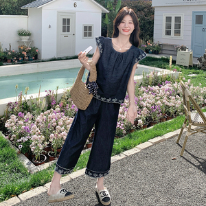 轻熟风韩系小飞袖牛仔套装女夏新款轻薄显瘦小个子阔腿裤两件套图片