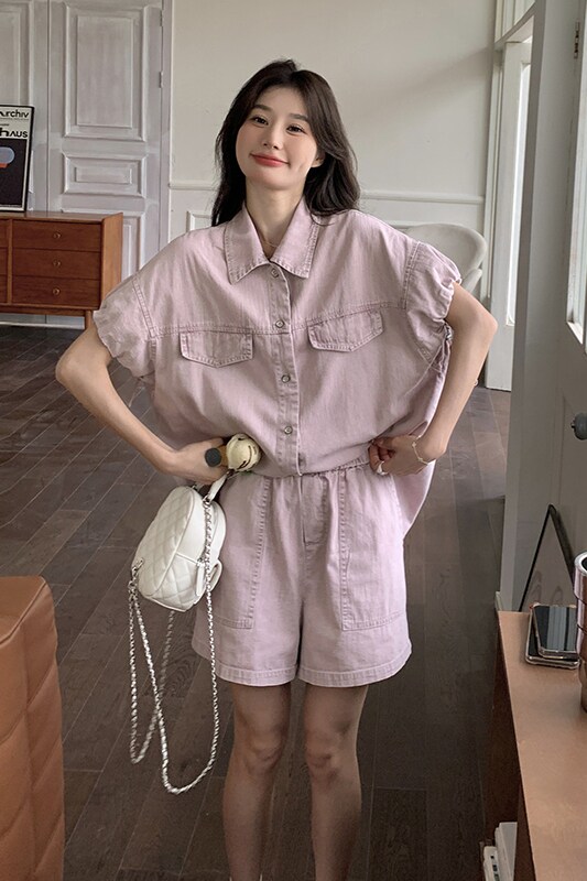 粉色高级感牛仔套装女夏季2024新款小个子短袖衬衫短裤减龄两件套,女装套装/套裙,浙宝099