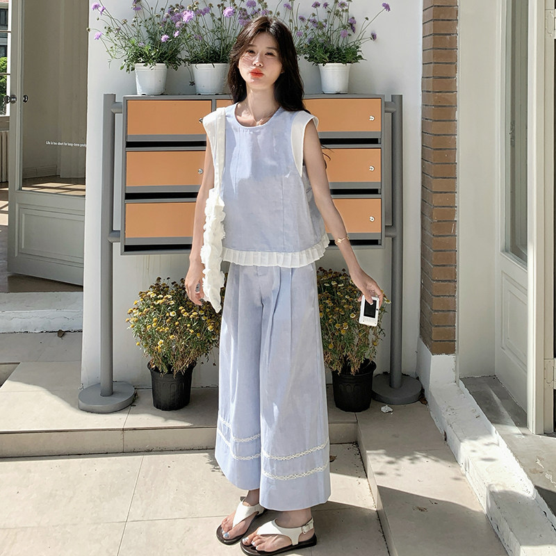 森系小清新休闲套装女2025夏新款宽松小个子无袖背心阔腿裤两件套,女装套装/套裙,浙宝099