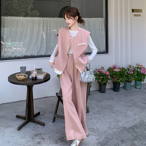 高级感粉色休闲西装马甲阔腿裤女2025春季新款韩版宽松图片