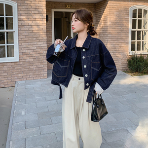 深蓝色短款牛仔外套女2025春季新款日系复古宽松小个子夹克上衣潮图片