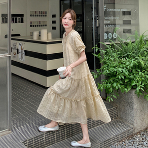 黄色韩版宽松大摆型长裙夏季新款荷叶边气质显瘦连衣裙女海边度假图片