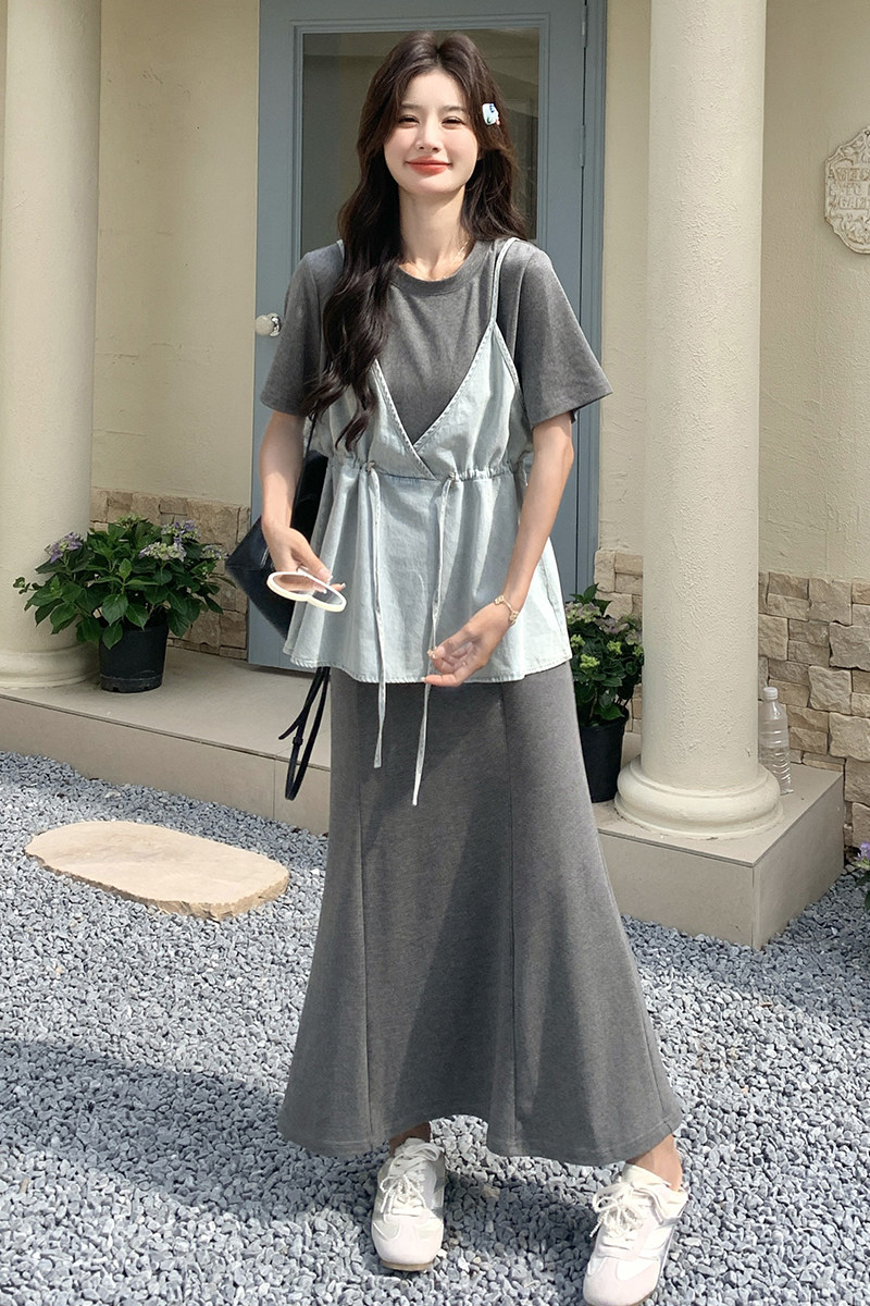新款牛仔假两件加半裙连衣裙套装099-10157-P165-K238,女装连衣裙,浙宝099