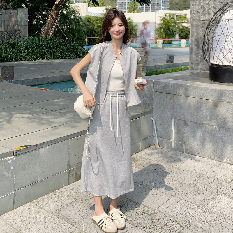 灰色盐甜系穿搭休闲背心套装裙女夏季新款显瘦半身裙两件套连衣裙，女装套装/套裙，浙宝099