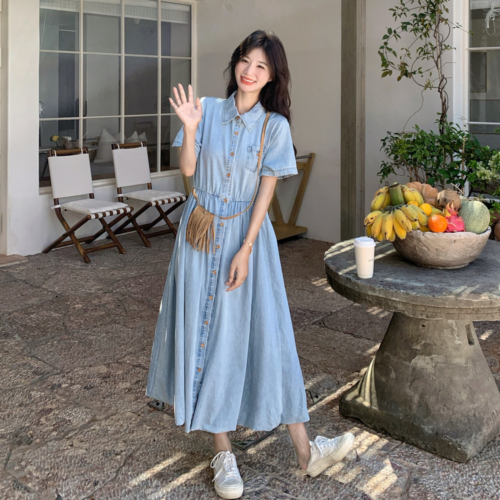 浅蓝色复古短袖牛仔连衣裙女2025夏季新款慵懒风收腰显瘦A字裙潮,女装连衣裙,浙宝099