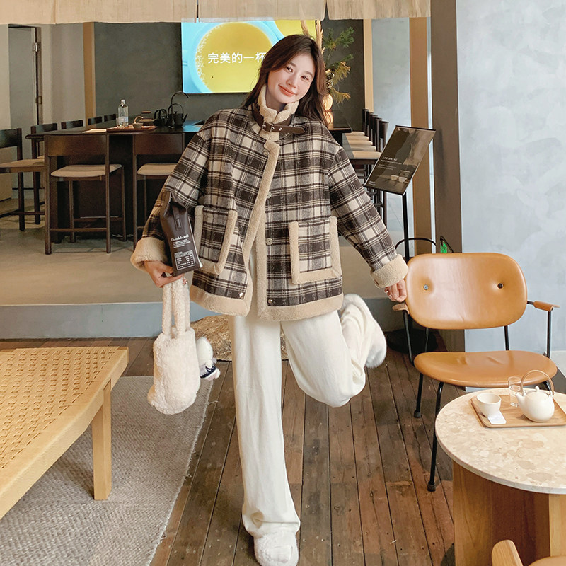 格子加绒加厚羊羔毛外套女秋冬2024新款超好看小个子独特棉衣棉服，女装皮草，浙宝099