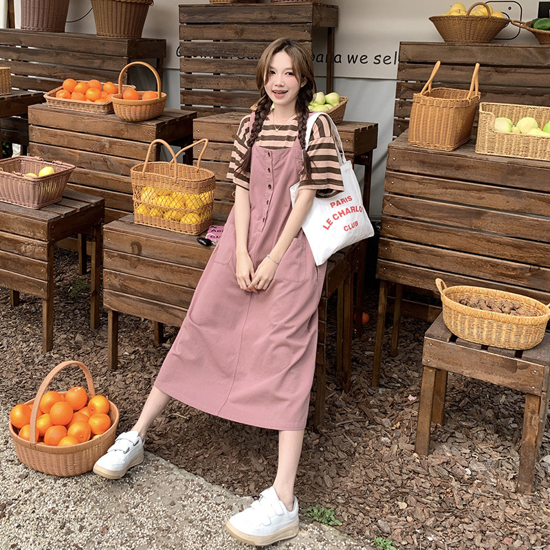 绝美奶fufu粉色工装背带连衣裙女夏2025年新款学院风宽松慵懒长裙,女装连衣裙,浙宝099