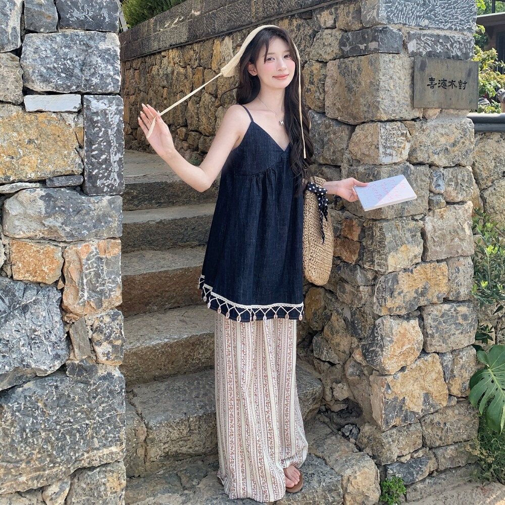 复古V领流苏牛仔背心连衣裙女2025夏新款碎花阔腿休闲裤时尚套装,女装套装/套裙,浙宝099