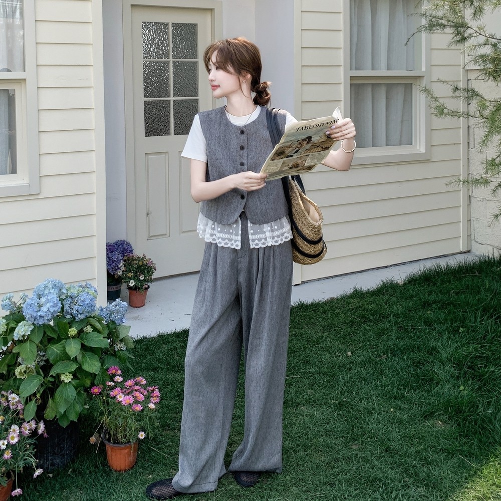 轻熟风高级感蕾丝拼接马甲阔腿裤套装女夏新款时尚气质显瘦三件套，女装套装/套裙，浙宝099