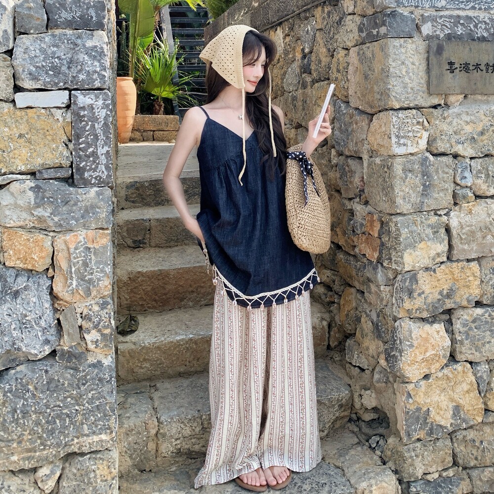 复古V领流苏牛仔背心连衣裙女2025夏新款碎花阔腿休闲裤时尚套装，女装套装/套裙，浙宝099