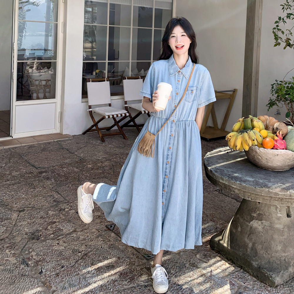 浅蓝色复古短袖牛仔连衣裙女2025夏季新款慵懒风收腰显瘦A字裙潮,女装连衣裙,浙宝099