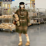 学院风牛角扣格子双面羊绒大衣女秋冬2024新款中长款毛呢斗篷外套，女装毛呢外套，浙宝099