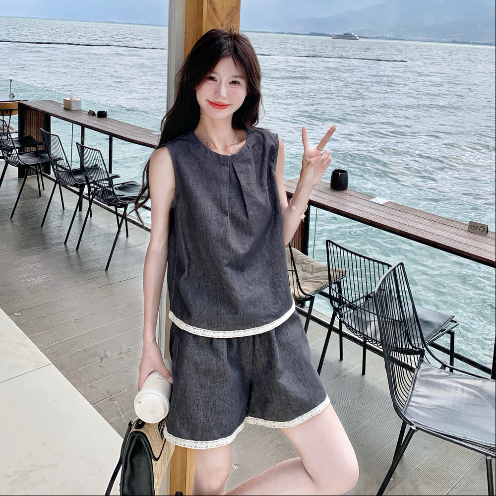 蕾丝花边灰色牛仔背心套装女2025夏季设计感可盐可甜小个子两件套,女装套装/套裙,浙宝099