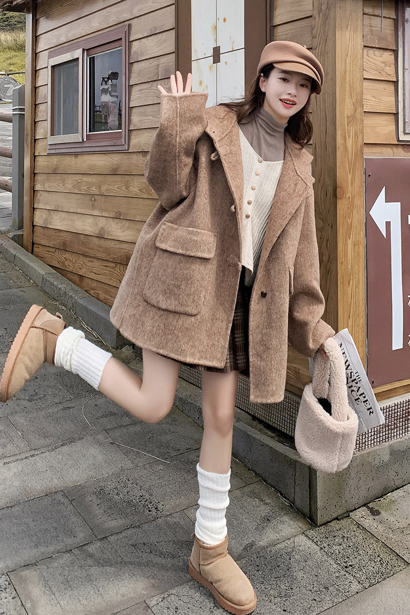 双面韩系羊绒中长款大衣女2024冬高级感宽松连帽复古毛呢外套气质,女装毛呢外套,浙宝099