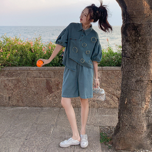 港风复古不规则设计感衬衫套装夏女2024新款工装风宽松短裤两件套图片