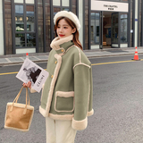 绿色皮毛一体羊羔毛棉服外套女秋冬2024新款小个子麂皮绒加绒棉衣，女装棉衣/棉服，浙宝099