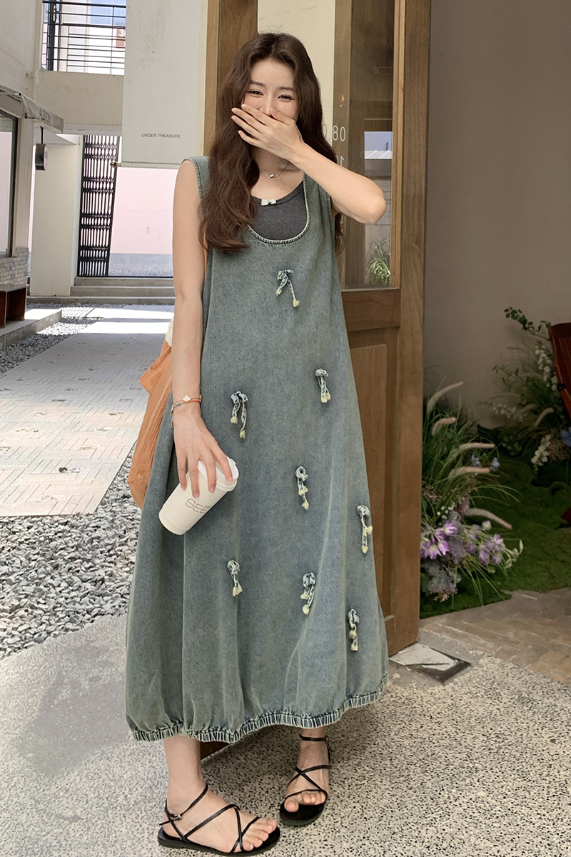 牛仔小清新学院风花苞蓬蓬裙新款甜美减龄超好看无袖连衣裙夏女裙,女装连衣裙,浙宝099
