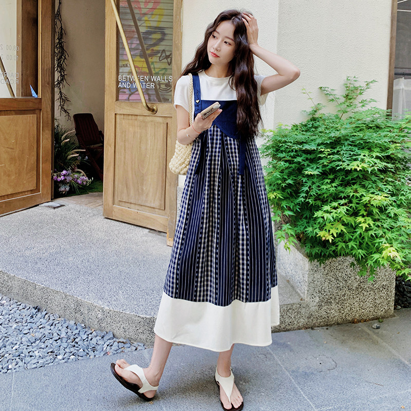 设计感小众拼接格子背带裙女2025夏新款复古百搭小个子吊带连衣裙,女装连衣裙,浙宝099