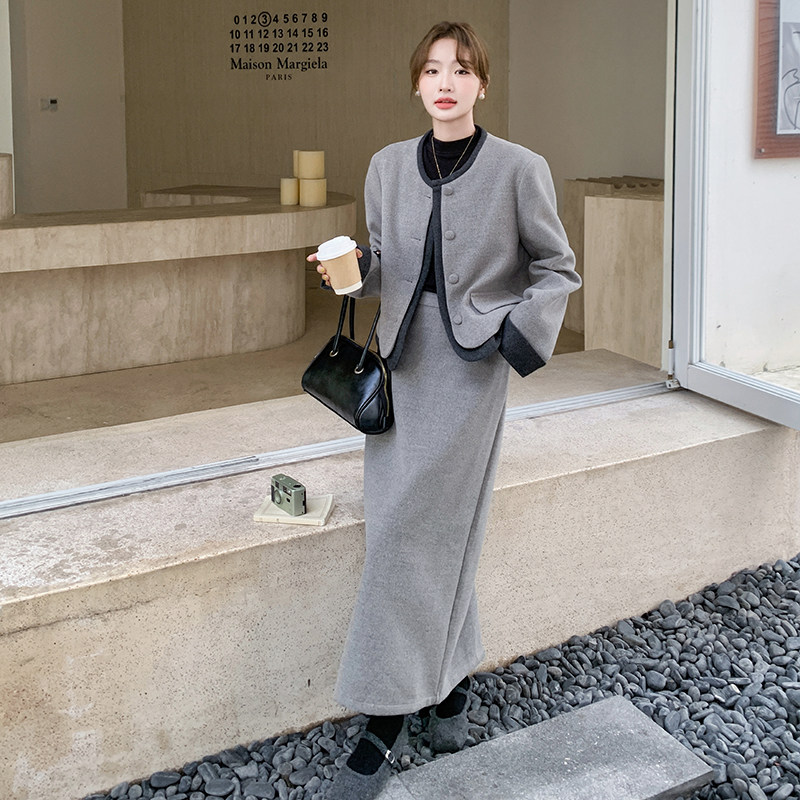 灰色小香风毛呢裙女秋冬2024新款加厚高级感显瘦半身裙,女装毛呢外套,浙宝099