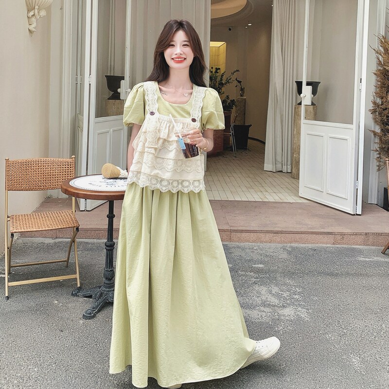 法式复古泡泡袖连衣裙套装女夏新款温柔风甜美减龄蕾丝马甲两件套,女装连衣裙,浙宝099