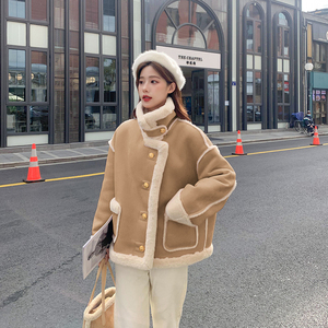 绿色皮毛一体羊羔毛棉服外套女秋冬2024新款小个子麂皮绒加绒棉衣图片