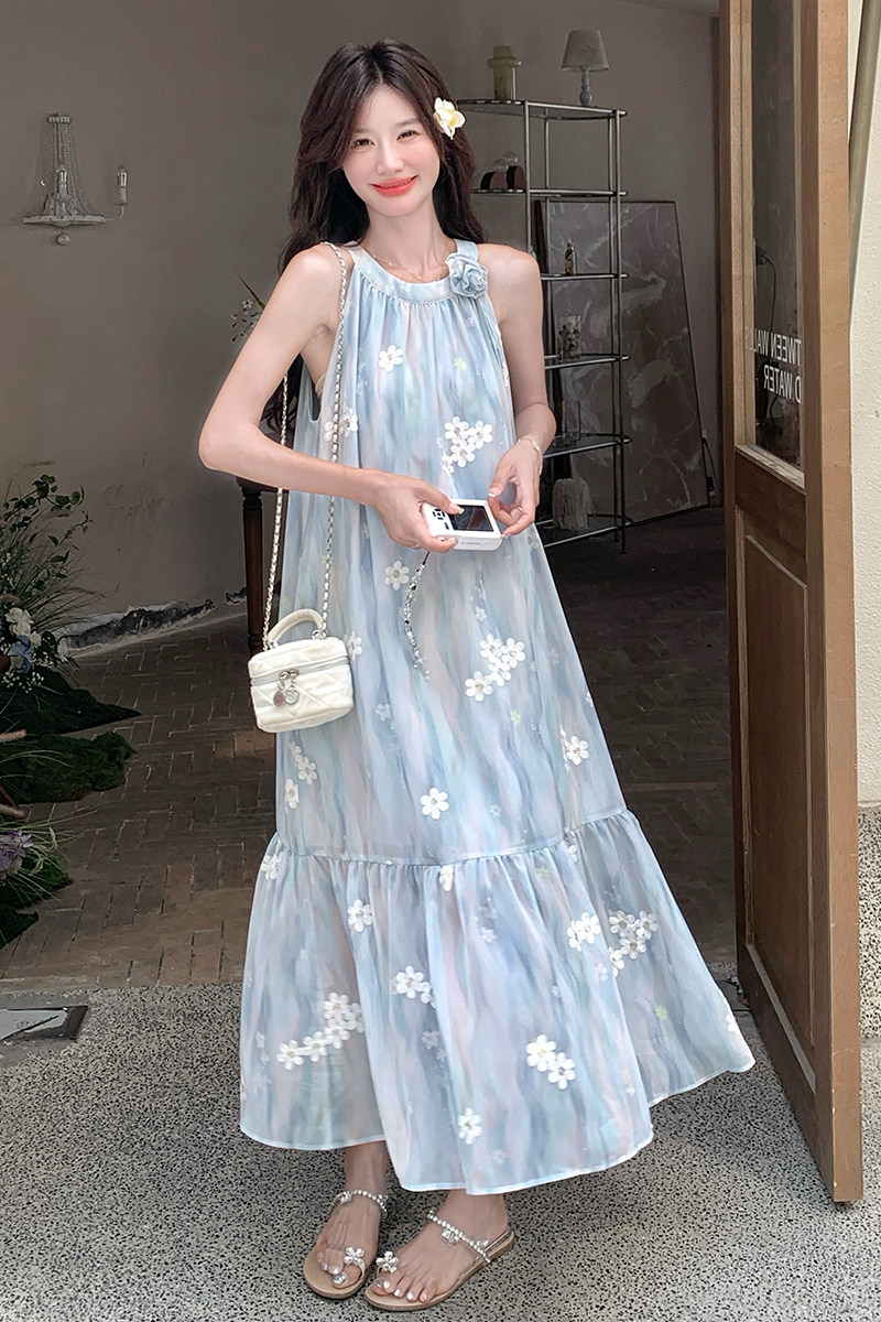 宽松气质森系无袖露肩挂脖大摆长裙女夏新款扎染印花温柔风连衣裙,女装连衣裙,浙宝099