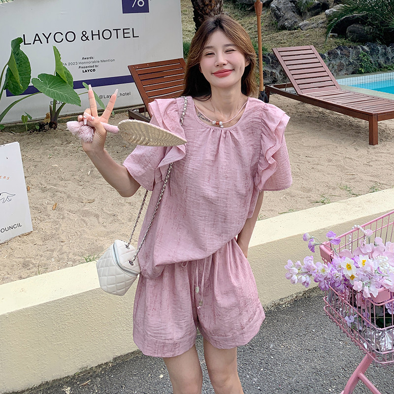 法式甜美小个子粉色天丝短袖套装女夏2025新款显瘦阔腿短裤两件套,女装套装/套裙,浙宝099