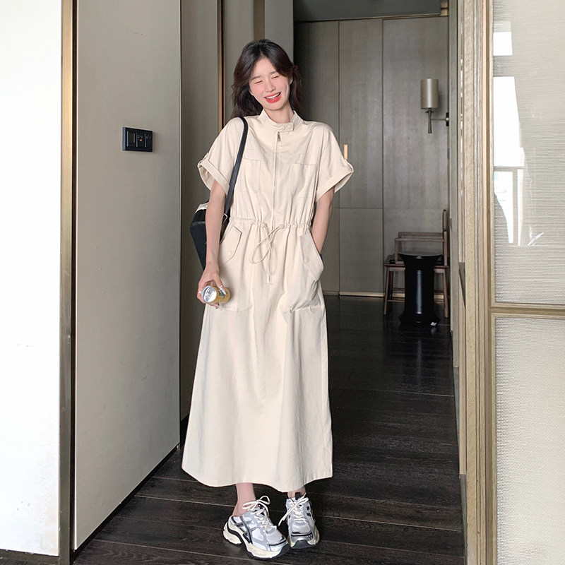 慵懒松弛感韩系收腰杏色连衣裙女夏季2025新款减龄简单大方衬衫裙，女装连衣裙，浙宝099