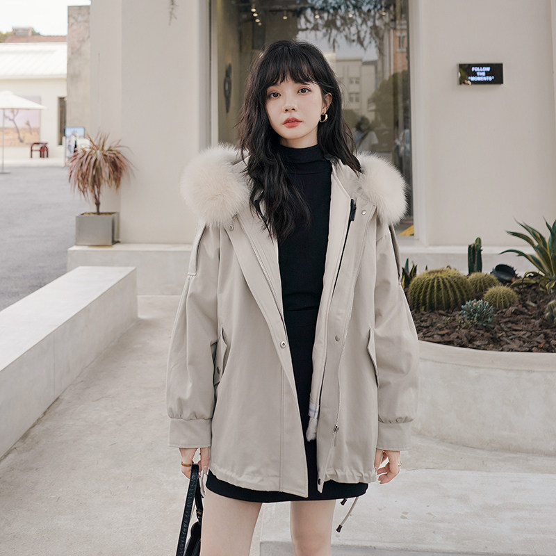 派克服女秋冬加绒加厚棉服2024年新款爆款皮毛一体仿兔毛皮草外套,女装派克服,浙宝099