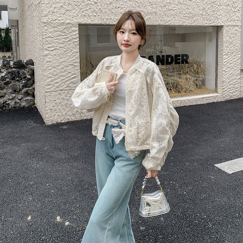 米杏色蕾丝镂空棒球服外套女2025春季新款高级感温柔风休闲夹克潮,女装短外套,浙宝099